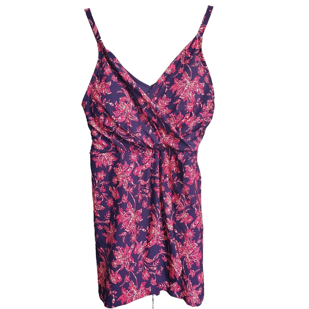 LANDS' END Purple Floral Faux Wrap UPF 50 Swimdress Size XL